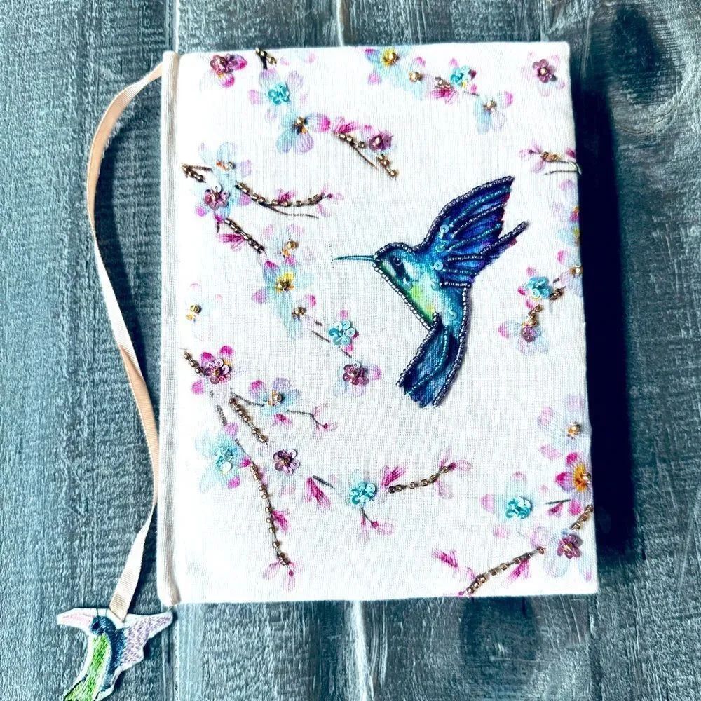 Beaded Hummingbird Floral Padded Pink Journal Notebook